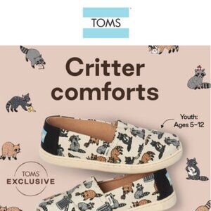 Toms Limited Edition Alpargata Raccoon Print Shoes- Size Youth 12 - NWOT